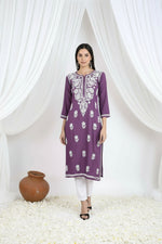 Load image into Gallery viewer, Heer Rayon Chikankari Straight Kurti Plum