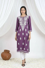 Load image into Gallery viewer, Heer Rayon Chikankari Straight Kurti Plum