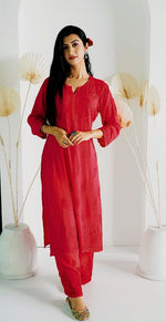 Load image into Gallery viewer, Palak Modal Dyed Premium Chikankari Kurti Set Red Modal Cotton