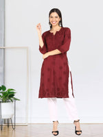 Load image into Gallery viewer, Kyra Chanderi Cotton Chikankari Kurti Metalic Brown