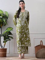 Load image into Gallery viewer, Chhaya Mul Chikankari Kurti Set Green