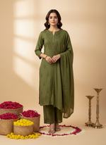 Load image into Gallery viewer, Sona Chanderi Chikankari Kurti Set Green