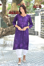 Load image into Gallery viewer, Ulfat Rayon Mukaish Chikankari Kurti- Purple
