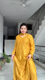 Load image into Gallery viewer, Polki Chanderi Chikankari Suit Set Golden-Yellow