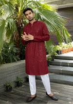 Load image into Gallery viewer, Nawab Mens Hakuba Sequence Chikankari Kurta & Pyjama Set Maroon