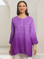 Load image into Gallery viewer, Amina Rayon Black Chikankari Top Purple XS