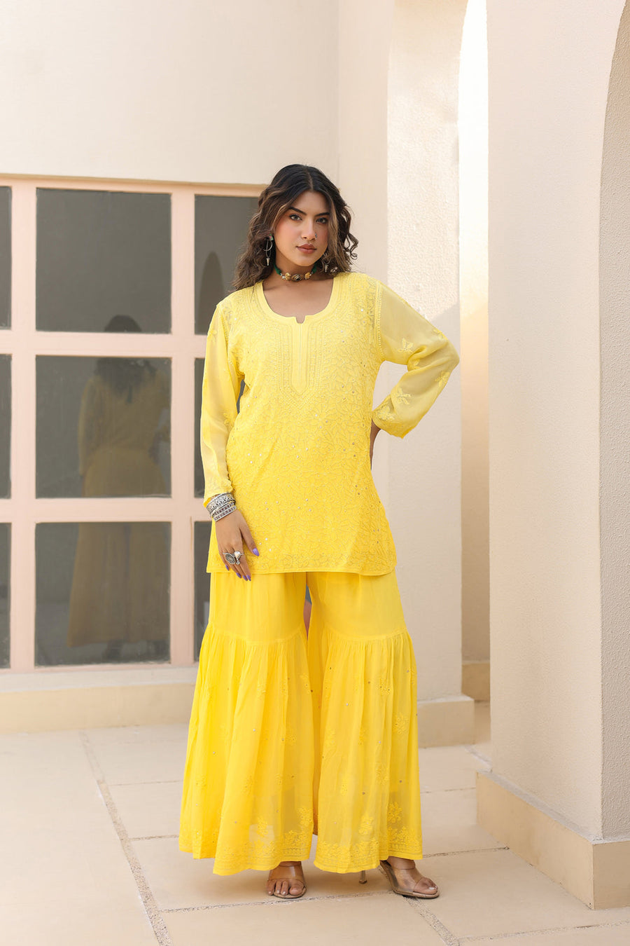 Sajani Premium Viscose Mukaish Chikankari Gharara Set