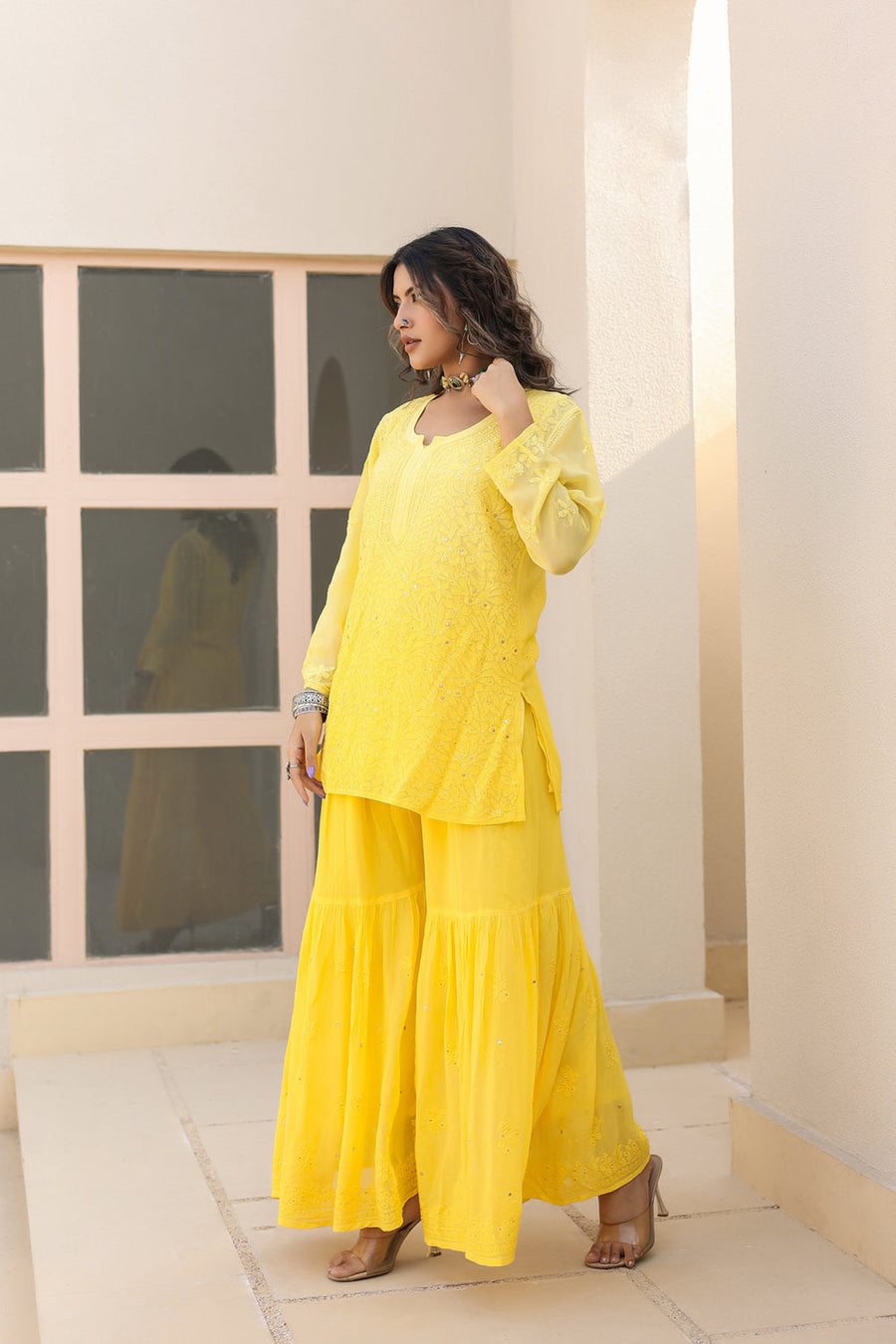 Sajani Premium Viscose Mukaish Chikankari Gharara Set