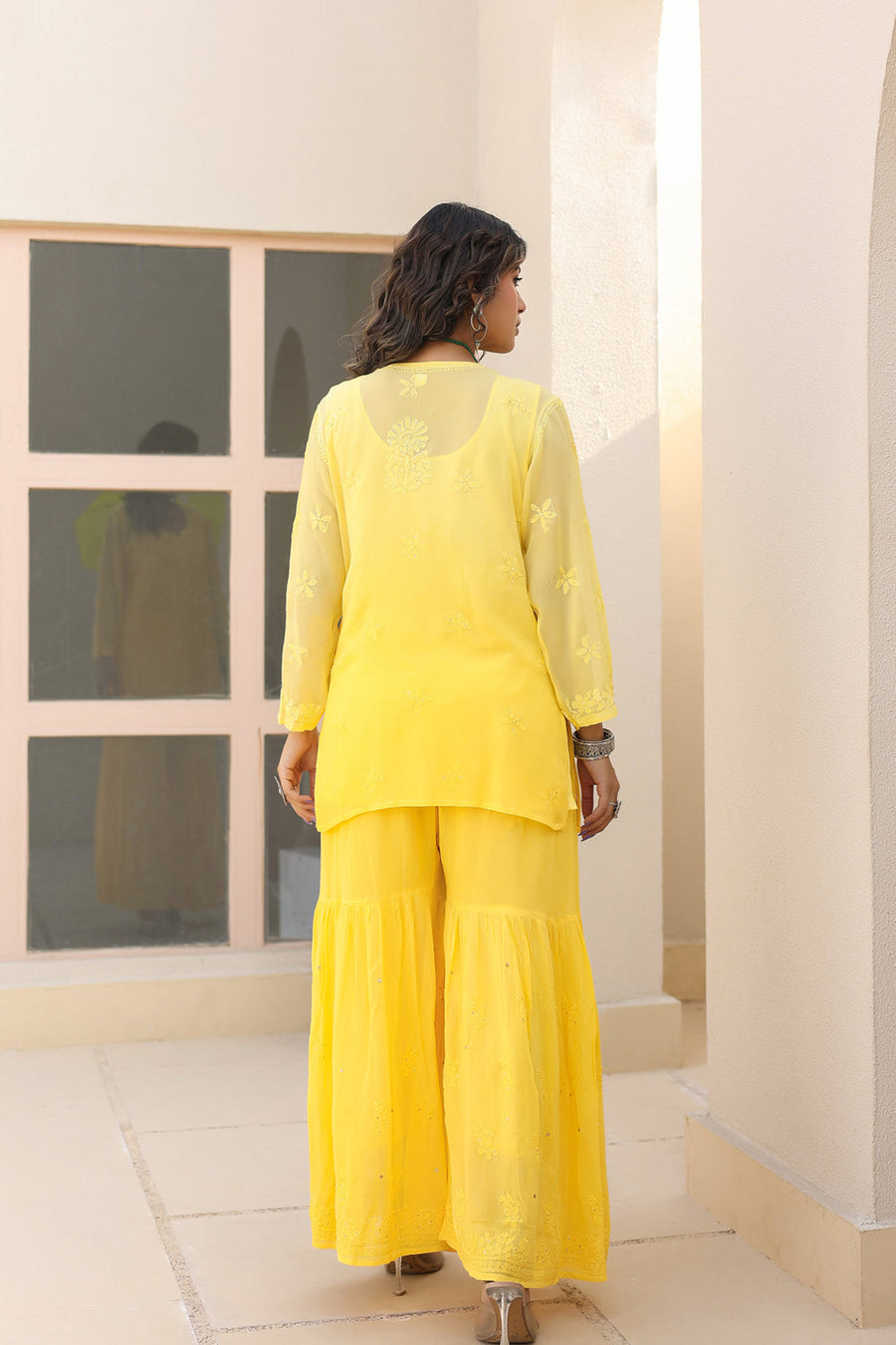 Sajani Premium Viscose Mukaish Chikankari Gharara Set