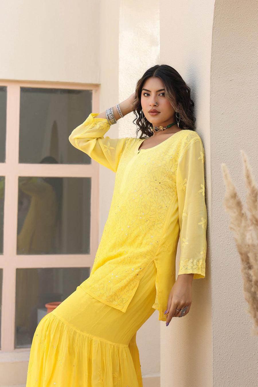 Sajani Premium Viscose Mukaish Chikankari Gharara Set