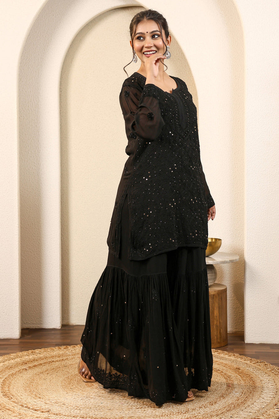 Sajani Premium Viscose Mukaish Chikankari Gharara Set