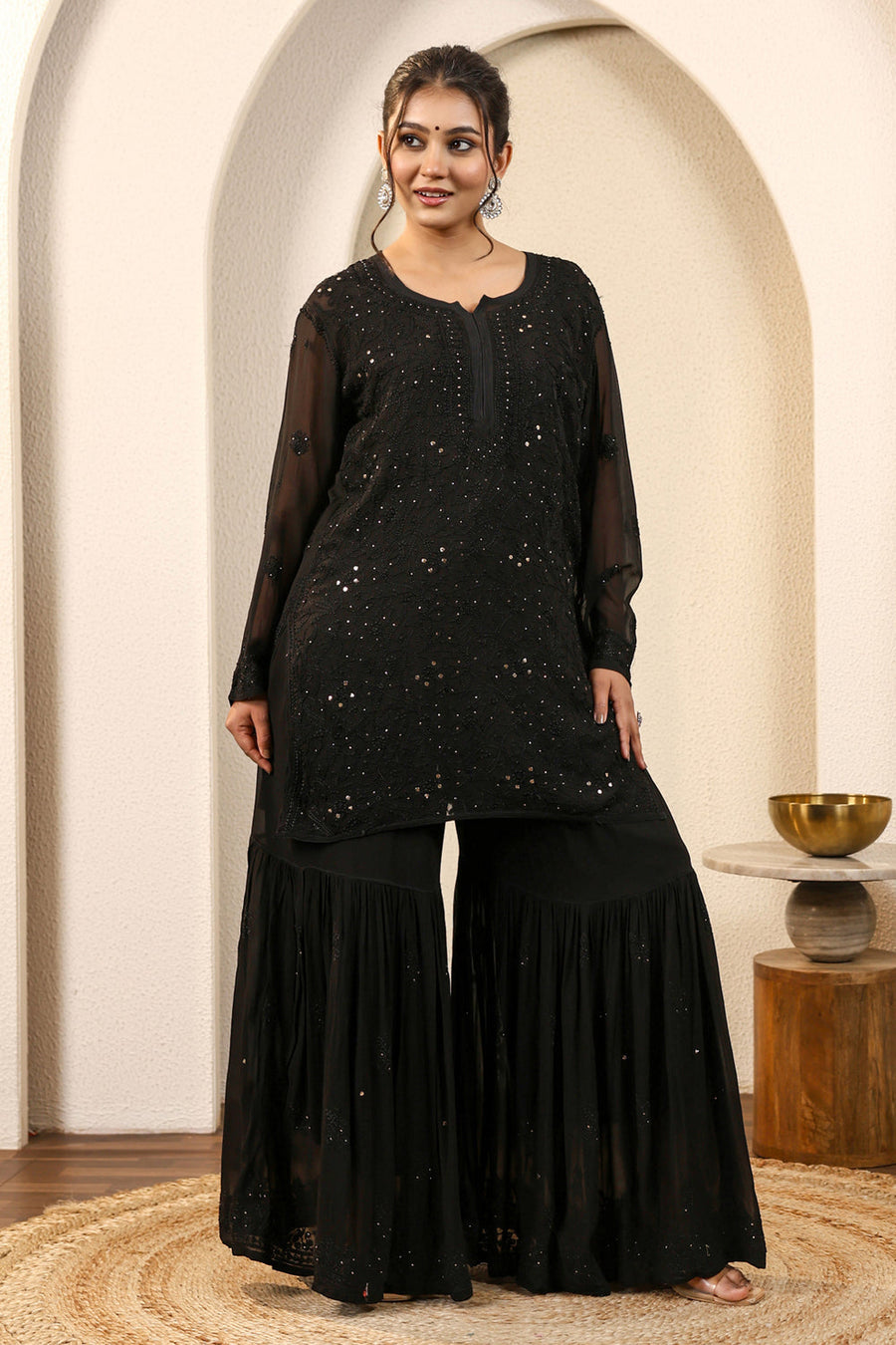 Sajani Premium Viscose Mukaish Chikankari Gharara Set
