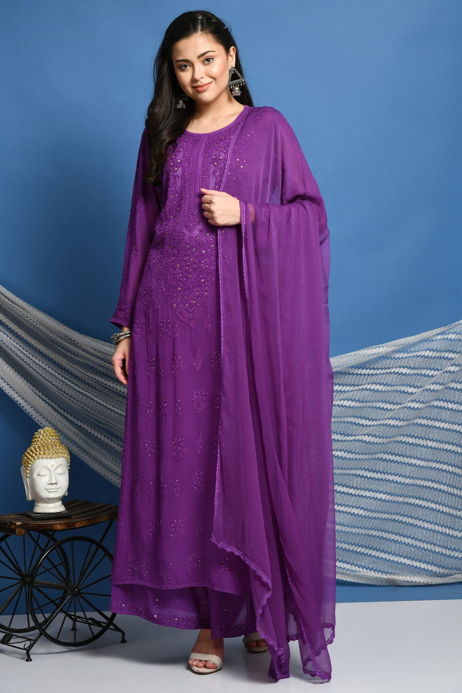 Surmai Premium Chikankari Viscose Mukaish Kurti Set Purple