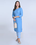Load image into Gallery viewer, Isha Chrochet Dobby Chikankari Kurti Set Firozi-Blue