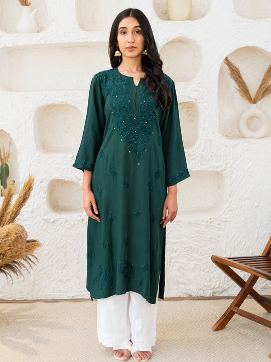 Ulfat Rayon Chikankari & Mukaish Straight Kurti Forest-Green