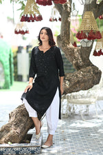 Load image into Gallery viewer, Ulfat Rayon Mukaish Chikankari Kurti- Black - The Lucknowi Chikan