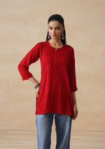 Load image into Gallery viewer, Amina Rayon Short Chikankari Kurti - Red