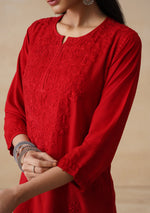 Load image into Gallery viewer, Amina Rayon Short Chikankari Kurti - Red