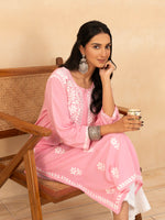 Load image into Gallery viewer, Isha Rayon Cotton Chikankari Kurti- Baby Pink - The Lucknowi Chikan