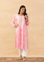 Load image into Gallery viewer, Isha Rayon Cotton Chikankari Kurti- Baby Pink - The Lucknowi Chikan