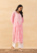Load image into Gallery viewer, Isha Rayon Cotton Chikankari Kurti- Baby Pink - The Lucknowi Chikan