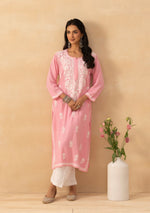 Load image into Gallery viewer, Isha Rayon Cotton Chikankari Kurti- Baby Pink - The Lucknowi Chikan