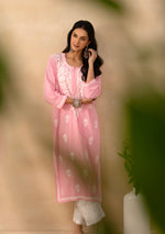 Load image into Gallery viewer, Isha Rayon Cotton Chikankari Kurti- Baby Pink - The Lucknowi Chikan