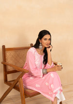 Load image into Gallery viewer, Isha Rayon Cotton Chikankari Kurti- Baby Pink - The Lucknowi Chikan