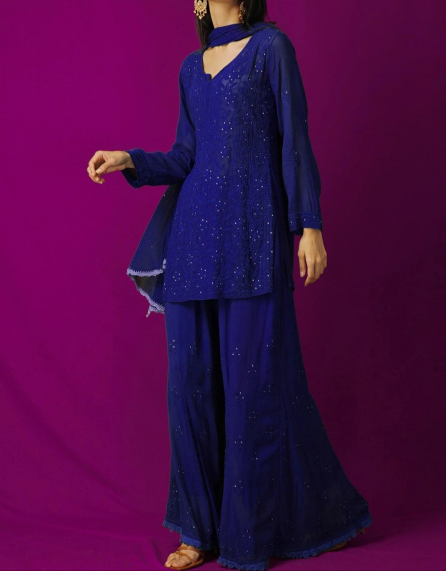 Sajni Luxury Chikankari Mukaish Gharara Set Navy Blue