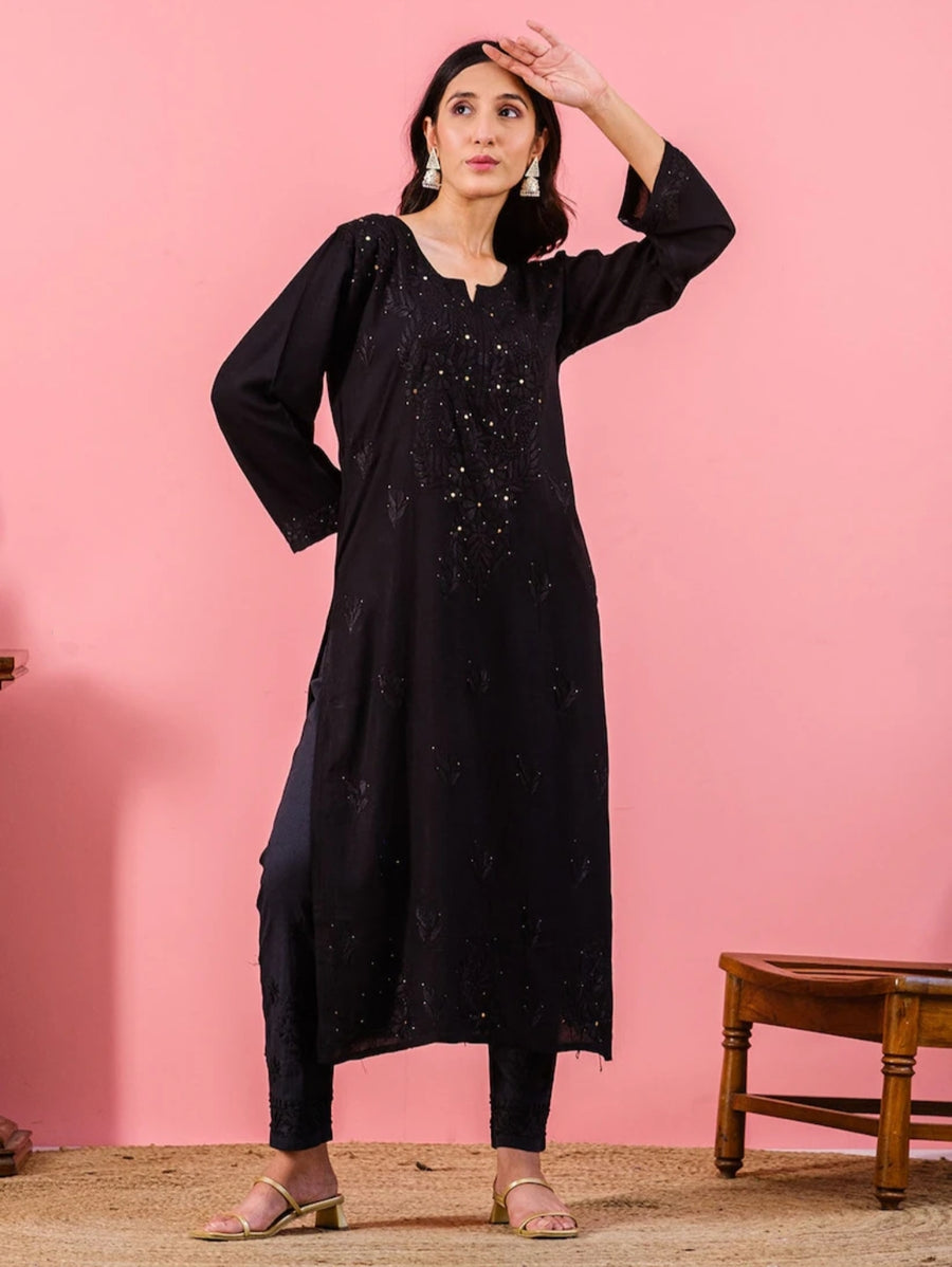 Ulfat Rayon Chikankari & Mukaish Straight Kurti Black