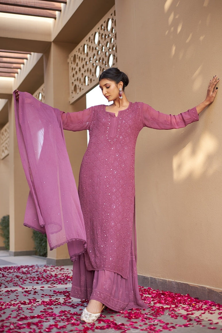 Nagma Premium Chikankari Mukaish Viscose Set Plum Viscose