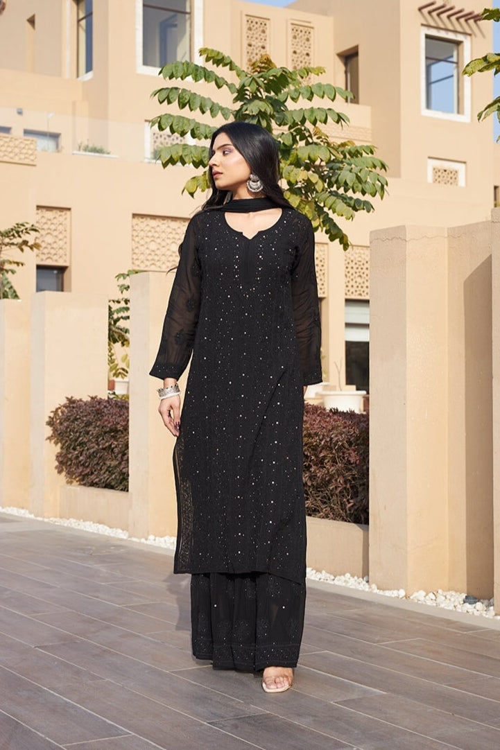 Nagma Premium Chikankari Mukaish Viscose Set Black Viscose