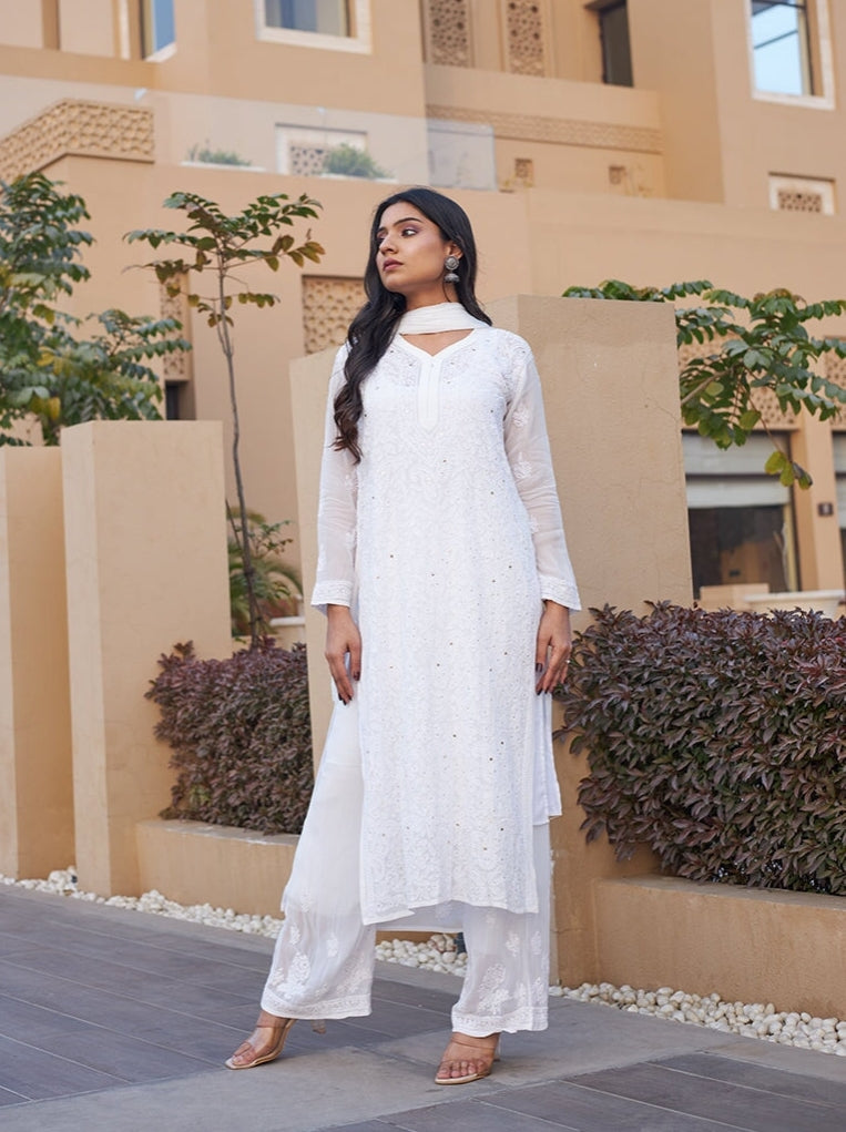 Nagma Premium Chikankari Mukaish Viscose Set White Viscose