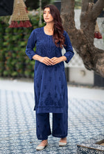 Load image into Gallery viewer, Hayat Chikankari Kurti Set Navy Blue
