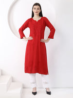 Load image into Gallery viewer, Ulfat Rayon Mukaish Chikankari Kurti-Red - The Lucknowi Chikan