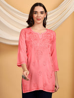 Load image into Gallery viewer, Kashti Rayon Chikankari Short Kurti Coral