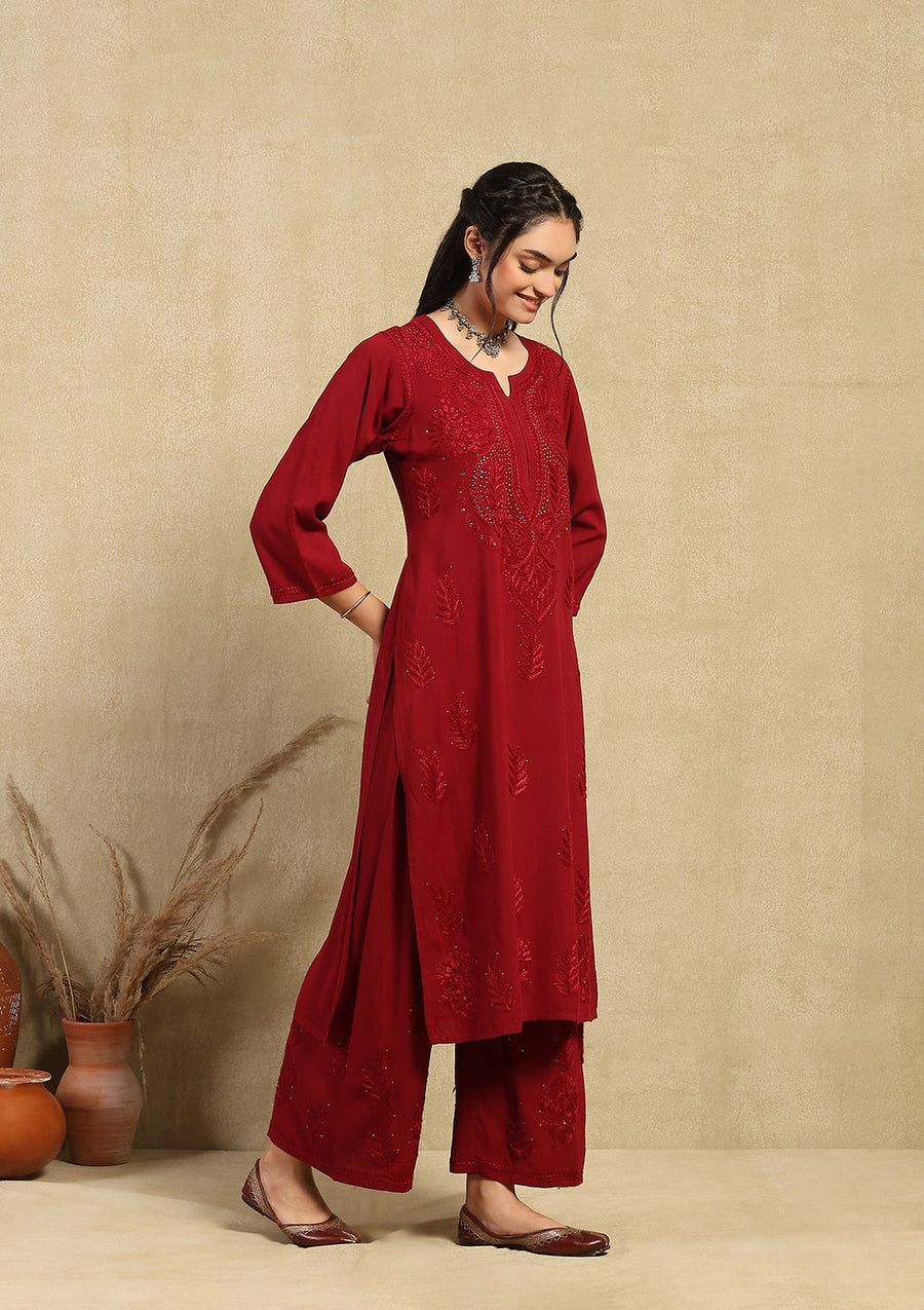 Kalira Rayon Mukaish Chikankari Kurti Set-Maroon