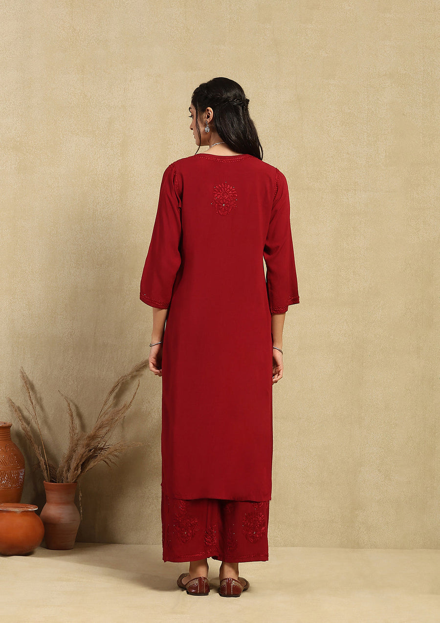 Kalira Rayon Mukaish Chikankari Kurti Set-Maroon