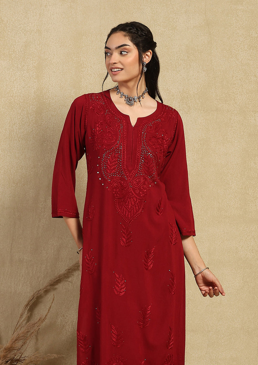 Kalira Rayon Mukaish Chikankari Kurti Set-Maroon