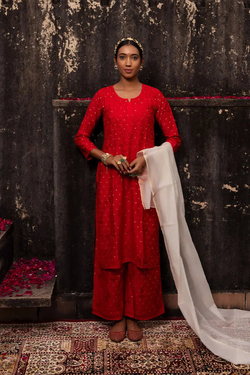 Sona Chanderi Chikankari Kurti Set