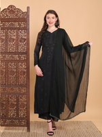 Load image into Gallery viewer, Surmai Premium Chikankari Viscose Mukaish Kurti Set Black