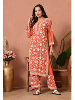 Load image into Gallery viewer, Gulfam Rayon Long Chikankari Kurti Set Coral Peach