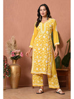 Load image into Gallery viewer, Gulfam Rayon Long Chikankari Kurti Set Yellow