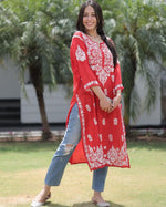 Load image into Gallery viewer, Najuk Modal Chikankari Straight Kurti Red