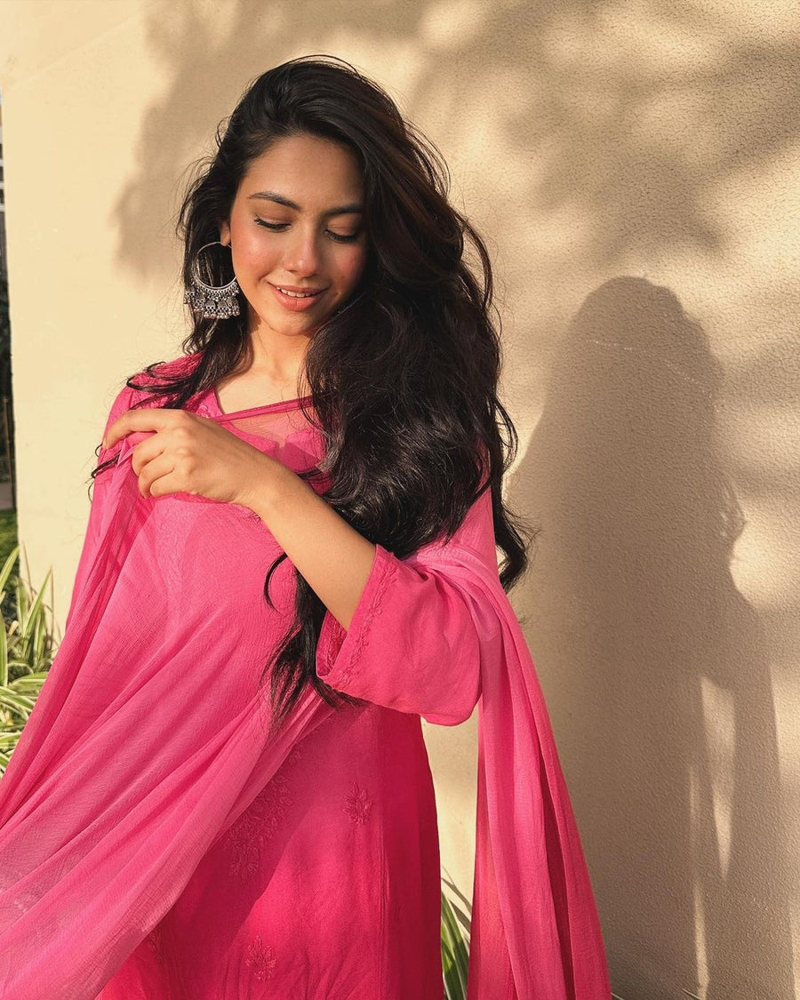 Bahar Ombre Dyed Chikankari Set Deep Pink