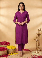 Load image into Gallery viewer, Sona Chanderi Chikankari Kurti Set Wine
