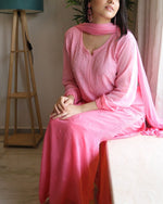 Load image into Gallery viewer, Surmai Premium Chikankari Viscose Mukaish Kurti Set Pink XS