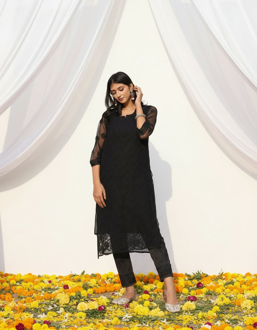 full black chikankari dress Zara Georgette Long Kurti 10 Outfits to Remember CRD1899LX A true masterpiece of Size:1-2 Years (90cm)
