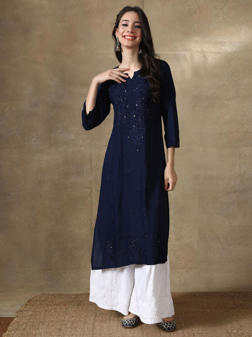 Ulfat Rayon Chikankari & Mukaish Straight Kurti Navy-Blue