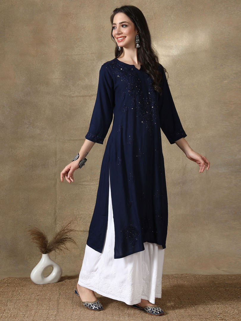 Ulfat Rayon Chikankari & Mukaish Straight Kurti Navy-Blue XS